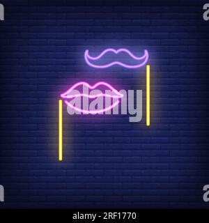 Fake moustache and lips on sticks neon sign Stock Vector
