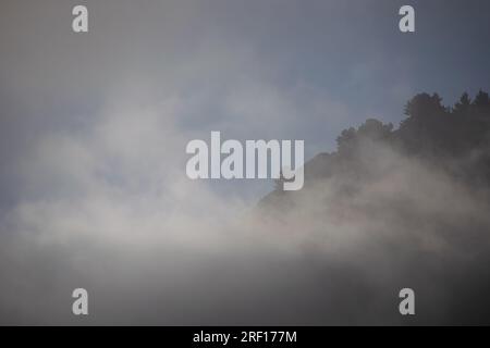 Quintay, Valparaiso, Chile. 29th July, 2023. Fog covers the mountains at the seashore in Quintay, Chile, on a winter day. (Credit Image: © Matias Basualdo/ZUMA Press Wire) EDITORIAL USAGE ONLY! Not for Commercial USAGE! Stock Photo