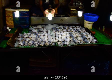 Silver Pomfret fish on ice is selling in the market in Bangladesh Stock Photo