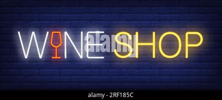 Wine shop neon text with glass Stock Vector
