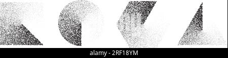 Set of stippled gradient shapes. Black dotted square, circle, hexagon and triangle collection. Textured noise grain dot work elements. Half tones and shadows gritty effect bundle. Vector Stock Vector