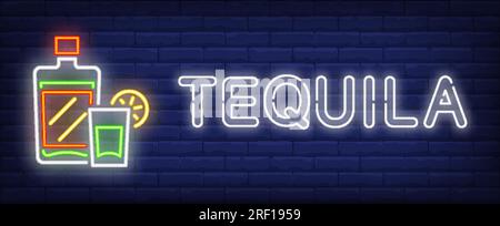Tequila neon text with bottle and glass Stock Vector