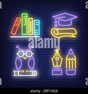 Books, pencil, owl, graduate cap neon signs set Stock Vector