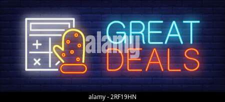 Great deals neon text with calculator and mitten Stock Vector