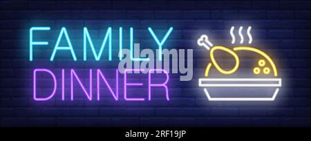 Family dinner neon text with fried turkey Stock Vector