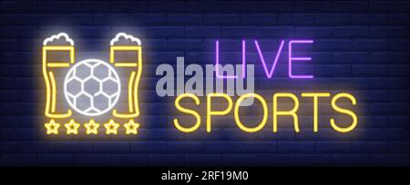Live sports neon text with football and beer glasses Stock Vector