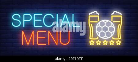 Special menu neon text with football and beer glasses Stock Vector