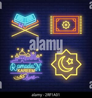 Islamic neon signs set with Koran, prayer carpet and mosque Stock Vector
