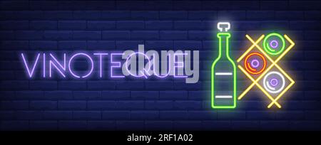 Vinoteque neon text with wine bottles on racks Stock Vector