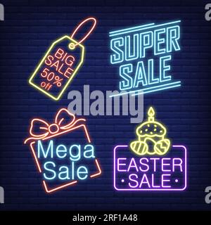 Sale neon signs set with tag and gift box Stock Vector