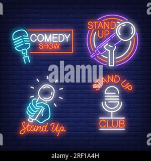 Stand up show neon signs set with microphones Stock Vector