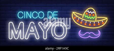 Cinco de mayo neon text with sombrero and moustache Stock Vector