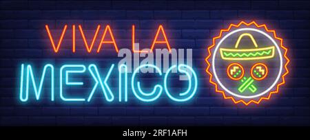 Viva la Mexico neon text with maracas and sombrero in circle Stock Vector