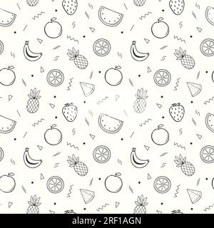 Hand drawn summer fruits pattern with tropical fruits and geometric shapes Stock Vector