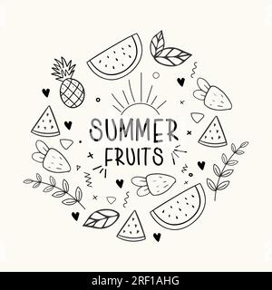 Hand drawn summer fruits frame with watermelon and strawberry Stock Vector