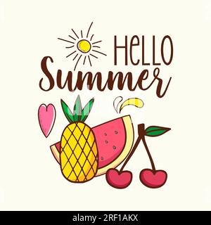 Summer t shirt design with fruits watermelon pineapple and sun Stock Vector