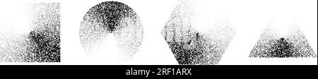 Set of stippled gradient shapes. Black dotted square, circle, hexagon and triangle collection. Textured noise grain dot work elements. Half tones and shadows gritty bundle. Vector geometric forms Stock Vector