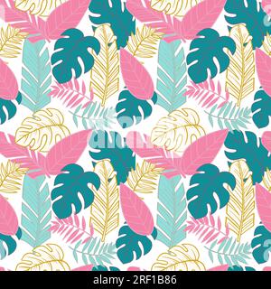 Hand drawn summer leaves pattern with colored tropical leaves Stock Vector