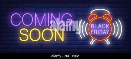 Coming soon, black Friday neon text with ringing alarm clock Stock Vector