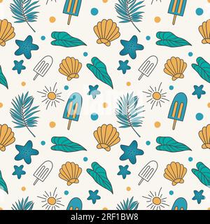Colorful seamless summer pattern background with tropical leaves ice cream sun and star fish Stock Vector