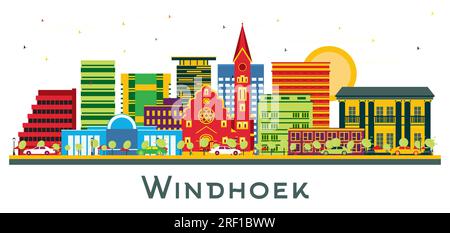 Windhoek Namibia city Skyline with Color Buildings isolated on white. Vector Illustration. Business Travel and Tourism Concept. Stock Vector