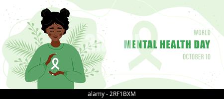 World mental health day banner. Happy african woman with ribbon. Annual international health campaign. Vector illustration in flat cartoon style Stock Vector