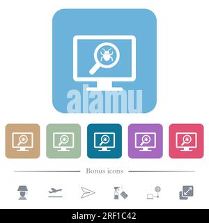 Spyware scanning white flat icons on color rounded square backgrounds. 6 bonus icons included Stock Vector