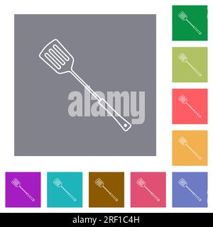 Barbecue spatula outline flat icons on simple color square backgrounds Stock Vector