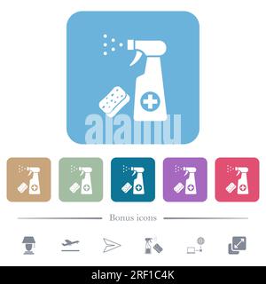 Disinfection spray and sponge white flat icons on color rounded square backgrounds. 6 bonus icons included Stock Vector