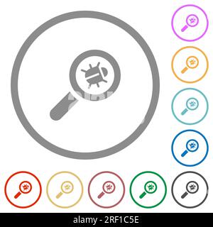 Bug tracking flat color icons in round outlines on white background Stock Vector