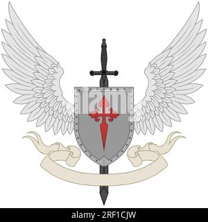 European coat of arms with wings and sword, shield with symbol of the crusades. heraldic shield of the middle ages Stock Vector
