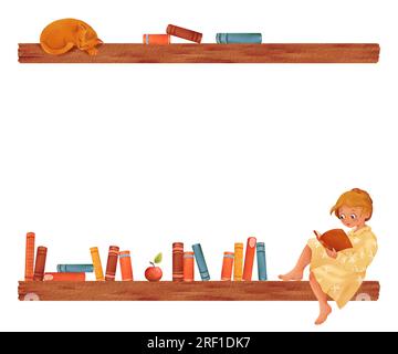 Rectangular frame with a bookshelf. Characters: girl is reading a book, cat is sleeping. back to school. pile books. Knowledge, study. Watercolor hand Stock Photo