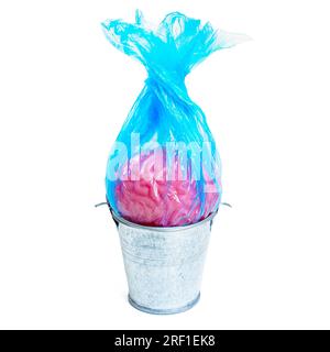 Close-up of a human brain wrapped in a blue trash bag and placed inside a waste bin isolated on white background. Creative mind decluttering concept. Stock Photo