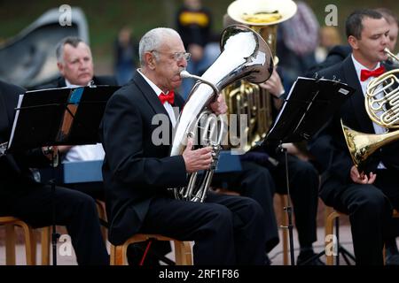 July 03, 2022. Belarus, the city of Gomil. Musical festival on the square. A brass band is playing outside. Stock Photo
