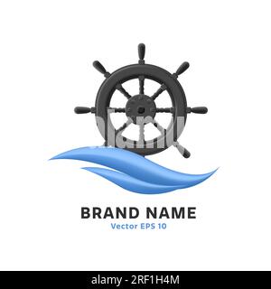 Sailing steering wheel icon with blue wave, modern logo design, 3d render style Stock Vector