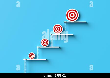 Target goal setting and goal improvement. Improving business or personal self development goals. Ladder of success and achievement. 3D render. Stock Photo