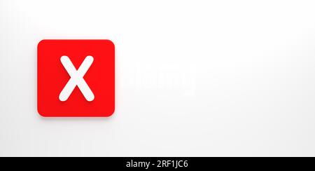 Rejection, error , wrong and voting no concepts. X symbol cross mark on red push button on white background. 3D render. Stock Photo