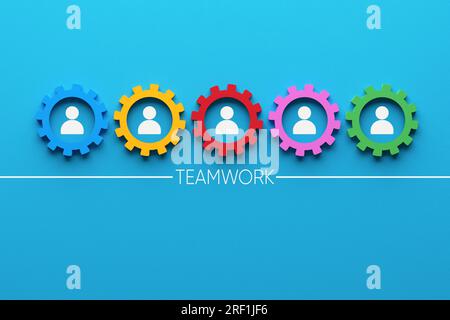 Teamwork, cooperation, togetherness and partnership concept. Employee team member symbols in cogwheels or gears on blue background. Stock Photo