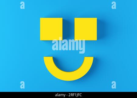 Smiling face made of geometrical shapes on blue background. Happiness and joy concept. Stock Photo