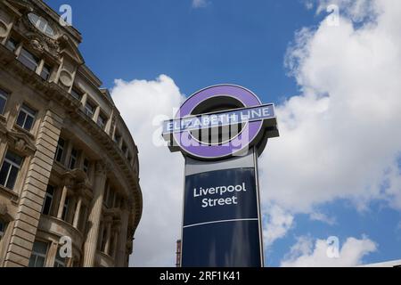 London, UK, May 16th 2022: Liverpool Street Elizabeth Line Station. The underground sign for the main entrance to Liverpool Street Station Stock Photo