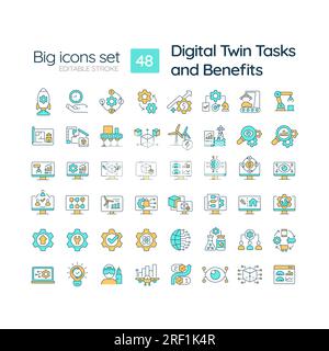Digital twin tasks and benefits RGB color icons set Stock Vector