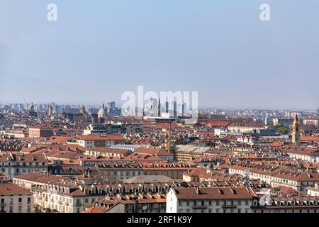 Turin, Italy - March 28, 2022: Aerial view of the Italian city of Turin, the capital of the Piedmont region. Stock Photo