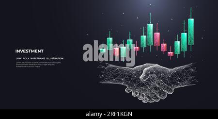 Abstract handshake and colored stock market candlestick. Stock Vector