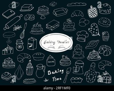 Set of backing doodles. Vector illustration. Cakes, biscuits, baking, cookie, pastries, donut. Perfect for dessert menu, background or food package de Stock Vector