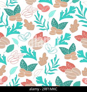 Seamless pattern with colorful hand drawn coffee tree branches and beans. Retro style, brown and green colored pattern, for background, pattern, walpa Stock Vector