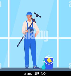 Woman in blue and yellow uniform cleaning window with glass scraper and washing spray. Housekeeping service, office cleaning service, spring cleaning Stock Vector