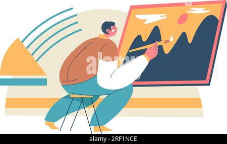 Man artist drawing painting, mountain landscape Stock Vector