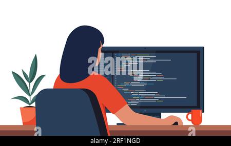 Young woman writing code on a desktop computer. Software developer at work. Programming coding script java, digital program code on monitor screen. Ve Stock Vector