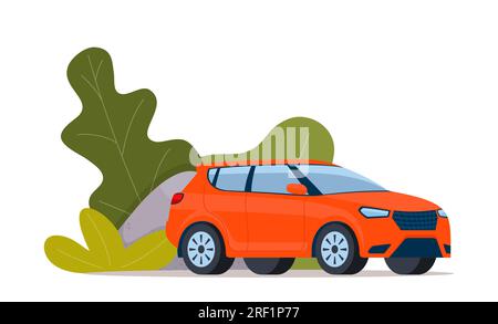 Red modern Suv car, side view. Green bushes on the background. Vector illustration Stock Vector