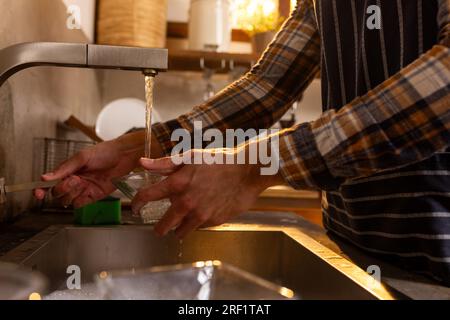 Midsection of indian man washing dishes in sunny kitchen at home Stock Photo